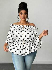 Maweii Camisa de botones con hombros descubiertos, volantes y estampado de lunares para mujer talla grande, de verano - Multicolor - Ver 1