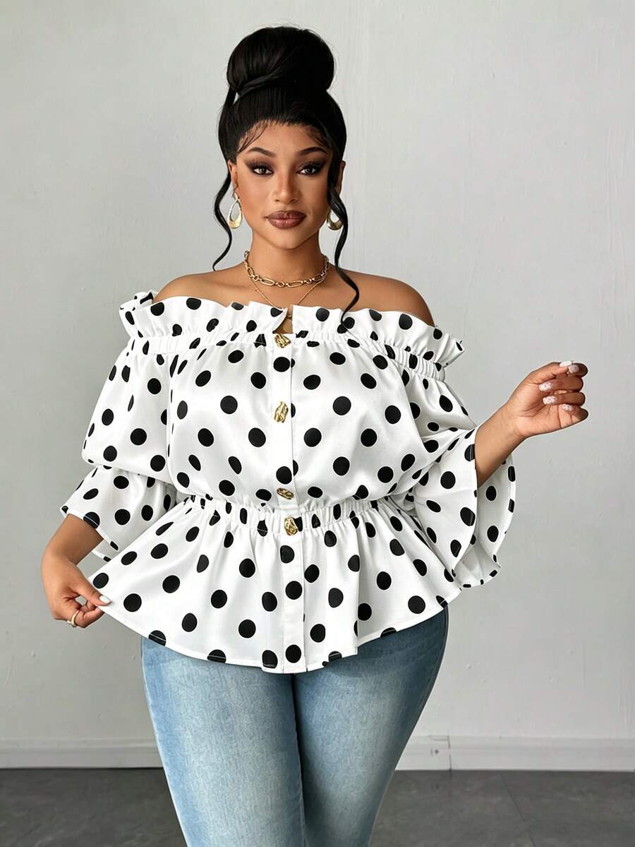 Maweii Camisa de botones con hombros descubiertos, volantes y estampado de lunares para mujer talla grande, de verano - Multicolor - Ver 1