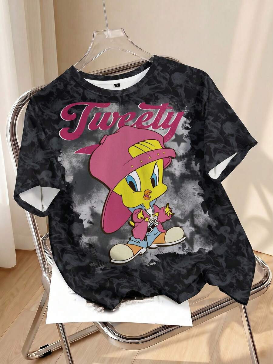 LOONEY TUNES X SHEIN 女款字母卡通印花短袖T恤 - 白色 - 查看 1