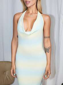 Victoria Miranda Women's Sexy Halter Backless Tie-Up Gradient Striped Bodycon Dress, Suitable For Beach Vacation In Spring/Summer - Multicolor - View 5