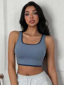 DAZY Colorblock Patchwork Cropped Wide Strap Padded Tank Top Sports Bra For Women - Blue - View 4