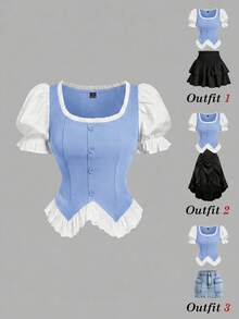 SHEIN MOD 大尺碼女款 2 合 1 鈕扣設計花瓣袖襯衫 - 藍色 - 查看 5
