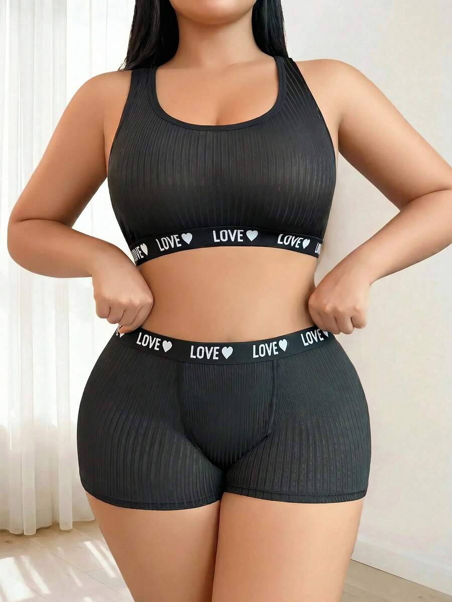 SHEIN 大码休闲简约字母胶带拼接内衣套装 - 黑色 - 查看 1