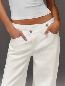 Athîral Denim 女款休閒度假不對稱寬腿長褲 - 白色 - 查看 1