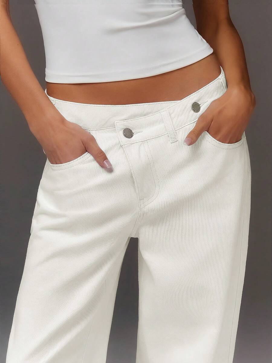 Athîral Denim 女款休閒度假不對稱寬腿長褲 - 白色 - 查看 1