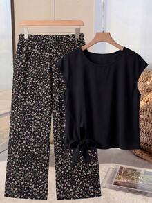 Elaquor Plus Size Women's Solid Color Round Neck Cap Sleeve Waist Knot Top Floral Wide Leg Pants Casual Elegant 2-Piece Set Brunch Office Dinner Black - Black - View 1