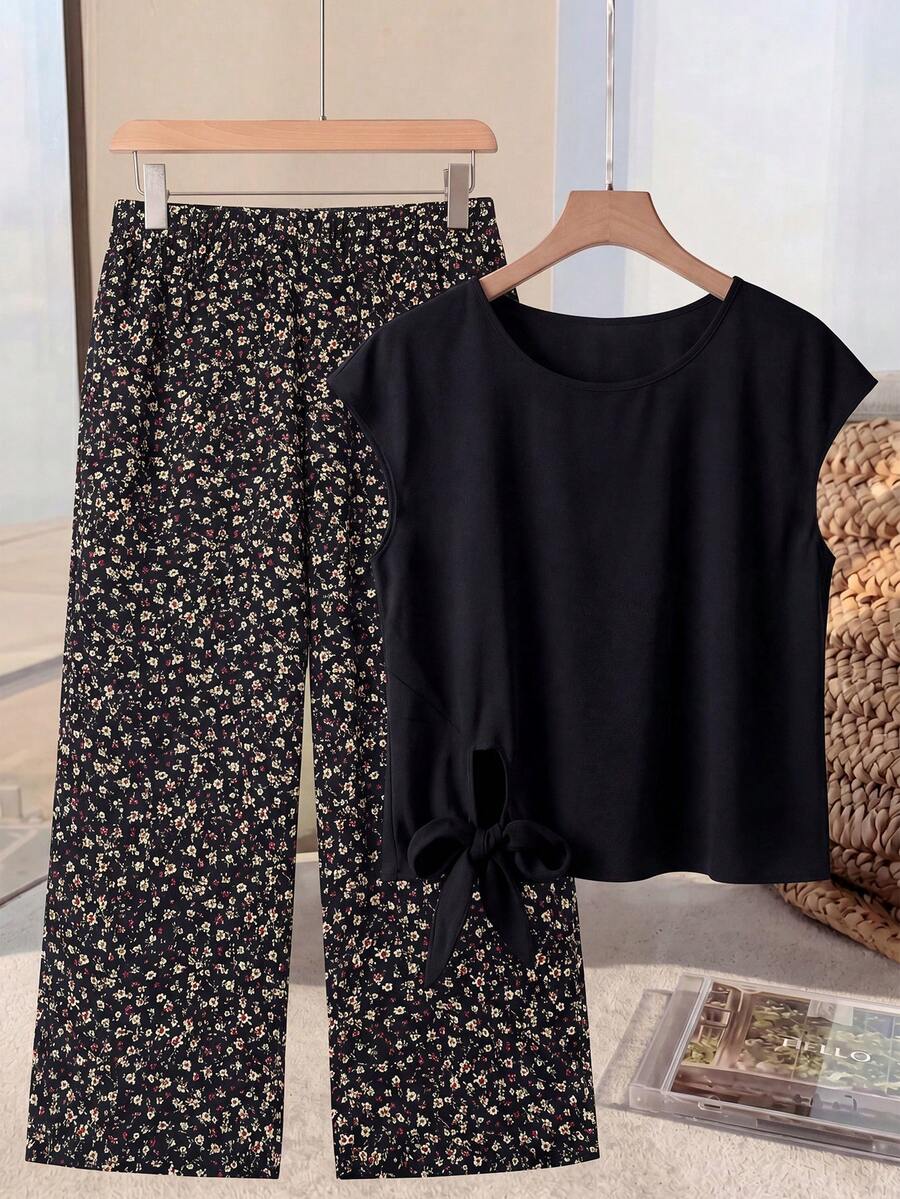 Elaquor Plus Size Women's Solid Color Round Neck Cap Sleeve Waist Knot Top Floral Wide Leg Pants Casual Elegant 2-Piece Set Brunch Office Dinner Black - Black - View 1