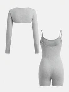 SHEIN Teen Girl Teen Girls Bodysuits Jumpsuits 2pcs Set With Cardigan Long Sleeve, Suitable For Yoga, Outdoor Sports Gym Black Autumn - Grey - View 2