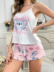 Softscene Women's 2 Pieces Cartoon Cute Heart Koala INS Pajama Set - Multicolor - View 5