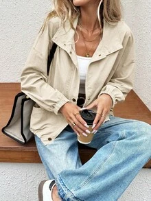 Easowa 女款風衣外套休閒極簡純色基礎款長袖秋季短版灰色外衣教師風返校上衣辦公穿搭 - 杏色 - 查看 6
