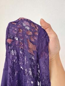 NU&NOW Plus Size Women Spring Autumn Winter Sexy Party Gathering Banquet Lace Patchwork High Neck Long Sleeve Bandeau Elastic Slim Fit Bodycon Ruched Slit Dress - Purple - View 6