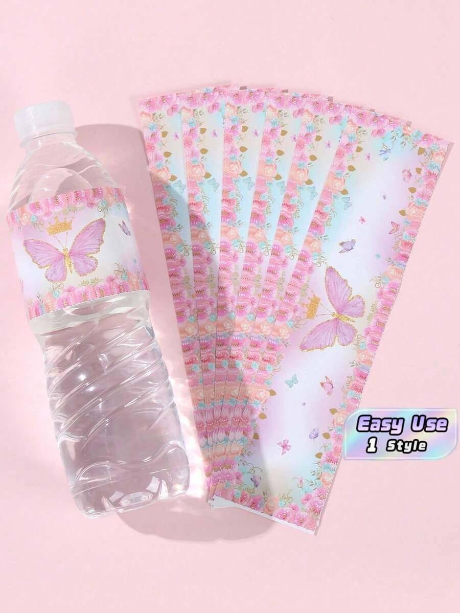 10pcs Pink Butterfly Theme Bottle Stickers, Butterfly Birthday Party Bottle Stickers Gifts, Party Decorations Party Favors, Birthday Gifts Birthday Decorative Stickers Packaging Labels, Baby Shower Party Decorations Back To School Valentine's Day - Pink butterfly - View 1