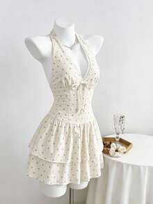 Elamini Rochie casual de petrecere pentru femei, cu imprimeu floral, dantelă, guler halter cu legătură și volane - Caisă - Vizualizare 4