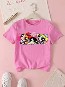 THE POWERPUFF GIRLS X SHEIN Tween Girl Casual Cartoon Print Round Neck Short Sleeve T-Shirt, Summer - Pink - View 1