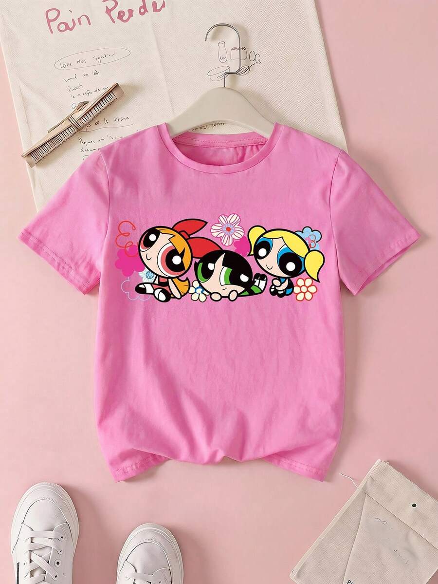 THE POWERPUFF GIRLS X SHEIN Tween Girl Casual Cartoon Print Round Neck Short Sleeve T-Shirt, Summer - Pink - View 1
