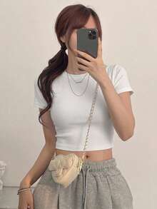 DAZY 女款素色修身百搭日常休閒短袖上衣 - 白色 - 查看 9