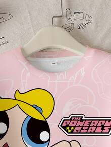 THE POWERPUFF GIRLS X SHEIN 少女休闲可爱花朵、泡泡、毛茛图案圆领卫衣，秋季 - 白色 - 查看 4