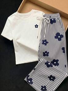 Comfortcana 2件組刺繡圓領短袖上衣搭配條紋印花長褲，休閒日常居家服，純白、海軍藍與白色花卉海軍藍，夏季款 - 藏蓝色 - 查看 4