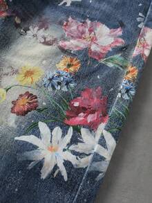 ROMWE MEN Men's Floral Pattern Patch Pocket Wide Leg Loose Casual Denim Jeans - Blue - View 6