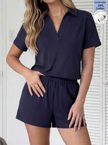 Easowa Women's Solid Color Short Sleeve Top And Shorts Casual Sexy Daily Travel Golf 2 Pieces Set Cotton Is Comfortable Lounge Pastal Summer Navy Blue - Navy Blue - View 3