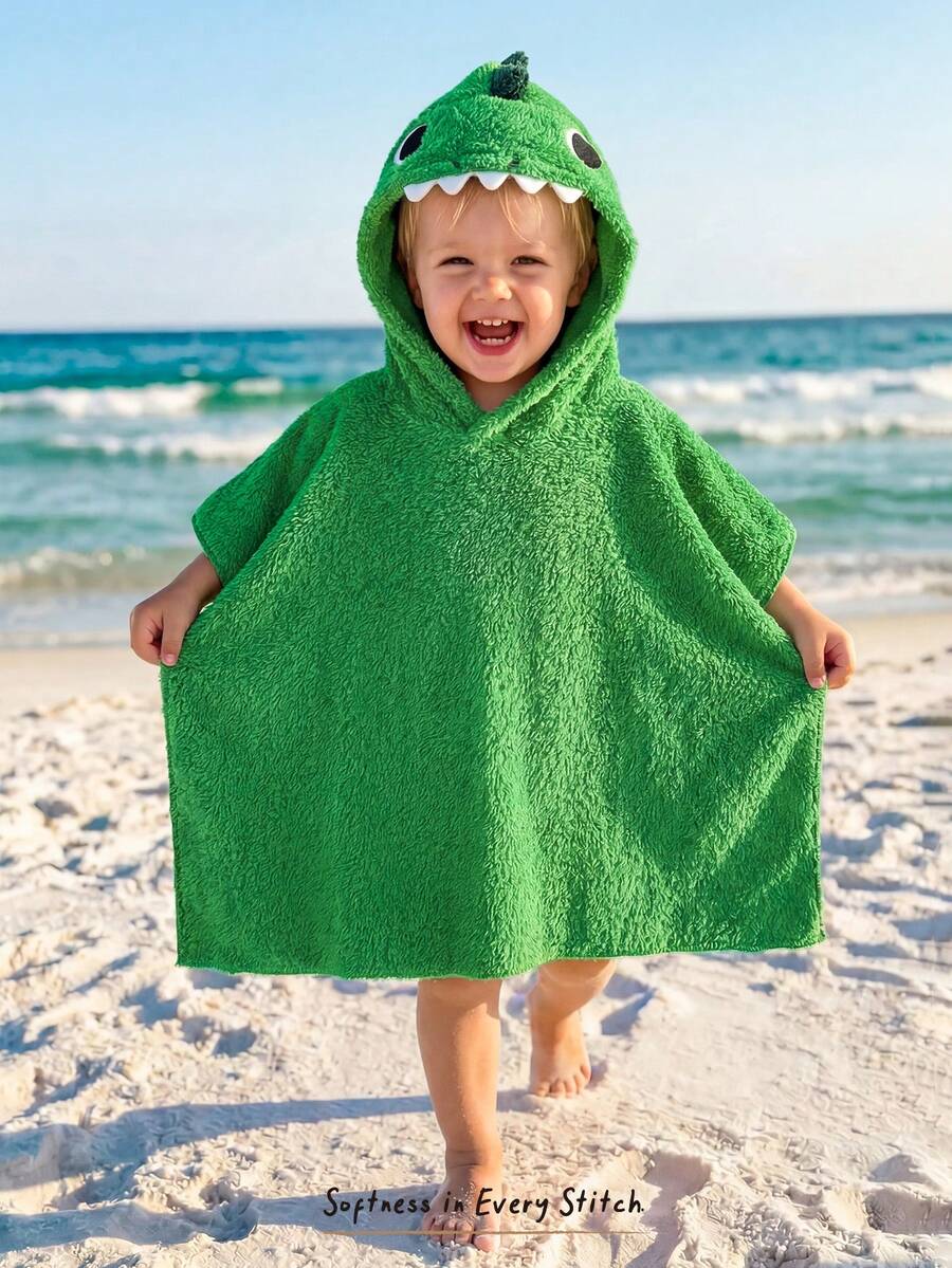 Cozy Pixies Baby Boy Cartoon Dinosaur Pattern Color Block Hooded Sleeveless One-Piece Swimsuit Cover-Up - Green - View 1