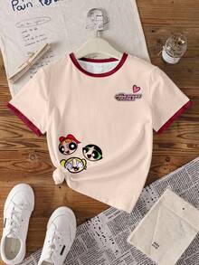 THE POWERPUFF GIRLS X SHEIN Tween Girls' Casual Contrast Trim Cartoon Graphic Round Neck Short Sleeve T-Shirt, Summer - White - View 8