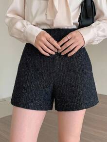 Wynsel 春夏女款高腰純色粗花呢布料黑色直筒休閒短褲 - 黑色 - 查看 2