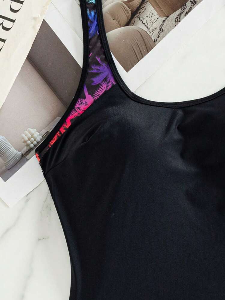 Swim Lushoire 女款夏季海灘熱帶植物印花休閒分體式比基尼套裝 - 黑色 - 查看 5