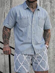 DAZY Blue Short Sleeve Washed Shirt With Decorative Line Shorts Men's Plus Size Denim Set Summer - Blue - View 6