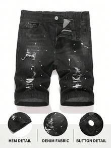 Tween Boy Fashion Casual Grunge Black Dotted Hole Elastic Tight Denim Shorts For Rave Back-To-School Summer - Black - View 3