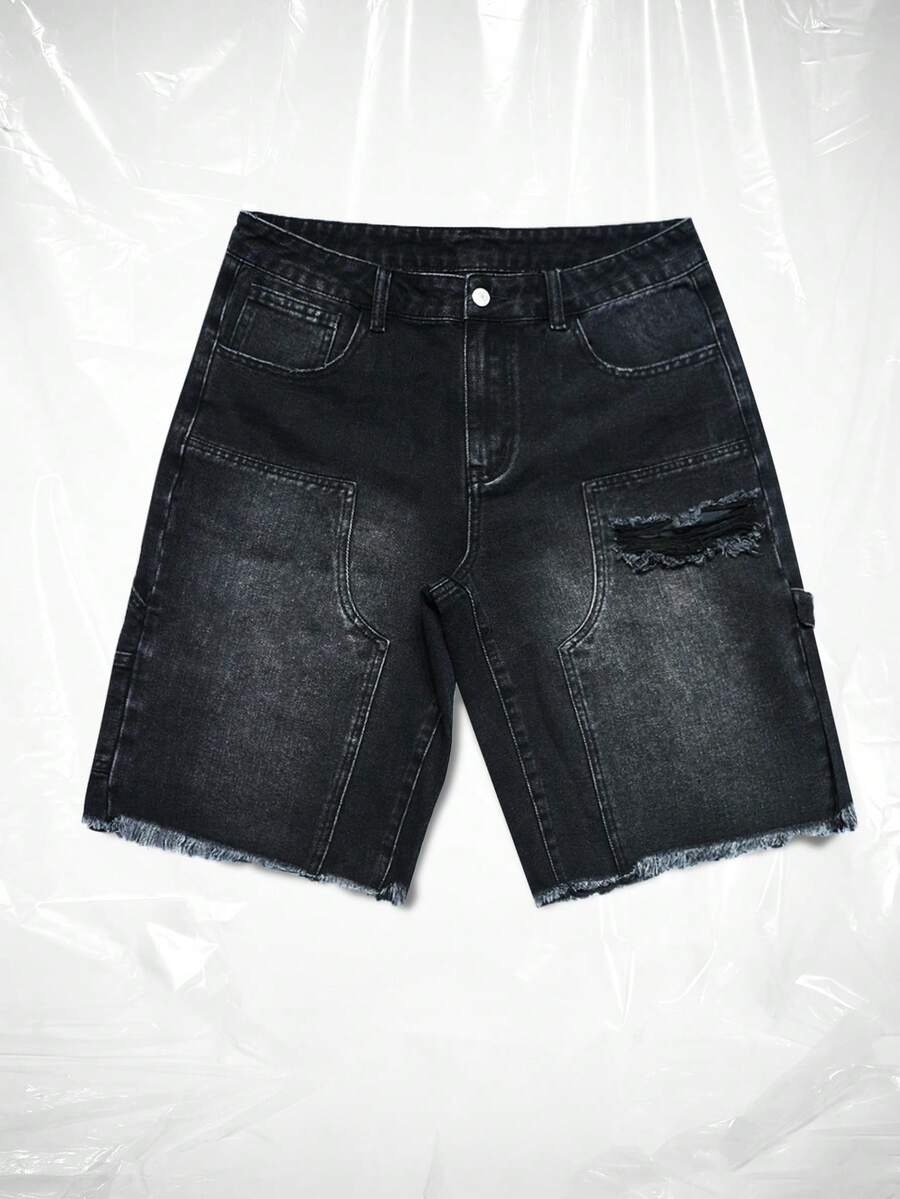 Manfinity Roughcore Men's Casual Street Wear Distressed Washed Denim Shorts, Holiday - Black - View 1