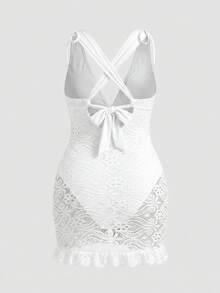 Sweetra CURVE Plus Size Women Deep V-Neck Ruched Elegant Cinched Waist Shoulder Swimsuit Dress Vacation Beach White Summer - White - View 2