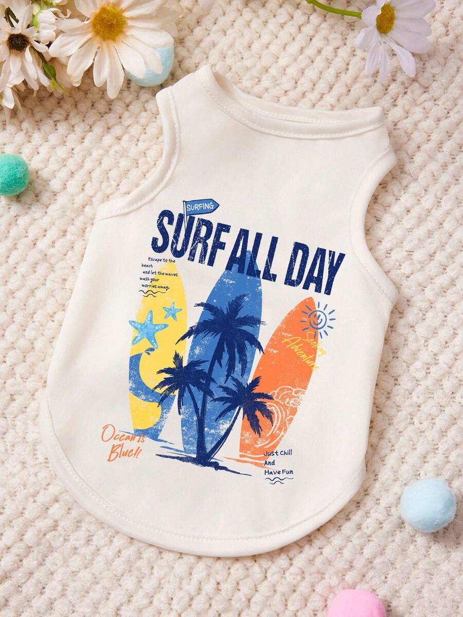 PETSIN 1pc Coconut Tree Surfboard Beach Scenery Cute Pattern And Letter Printed Pet Vest, Soft And Breathable, Comfortable And Anti Shedding Pet Clothes - Multicolor - View 1