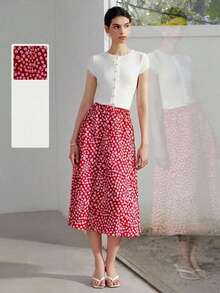 SHEIN Unity Women's Summer Ditsy Floral A-Line Skirt Modest Vacation Fall - Red - View 1