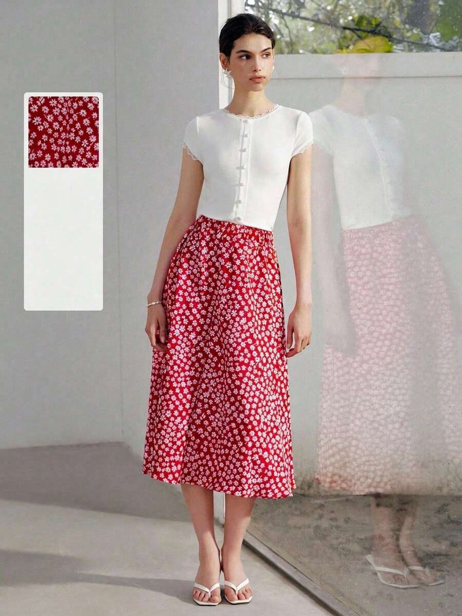 SHEIN Unity Women's Summer Ditsy Floral A-Line Skirt Modest Vacation Fall - Red - View 1