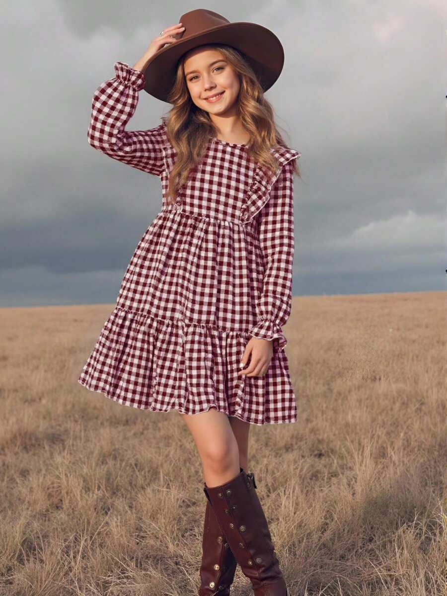 Emery Rose Kids Emery Rose Kids Tween女孩/雙胞胎姊妹套裝-格紋寬鬆可愛復古休閒法式燈芯絨洋裝,長袖設計,適合秋季 - 紅白色 - 查看 1