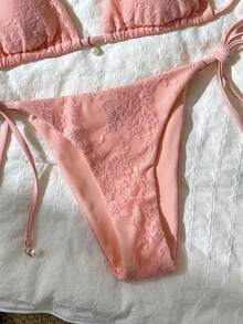 Swim Chiccia 女款夏季海灘花卉刺繡圖案掛脖綁帶性感比基尼三角泳褲兩件式泳衣套裝 - 粉色 - 查看 6