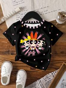 THE POWERPUFF GIRLS X SHEIN 年轻女孩休闲时尚街头日常通勤趣味卡通星星印花短袖T恤，夏季 - 白色 - 查看 3