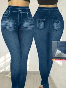 SHEIN LUNE Celana Panjang Wanita Ukuran Besar Modis Seksi dengan Motif Denim Efek Skinny - MultiWarna - View 4
