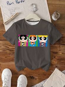 THE POWERPUFF GIRLS X SHEIN Tween Girls' Casual Cartoon Print Round Neck Short Sleeve T-Shirt, Summer - White - View 8