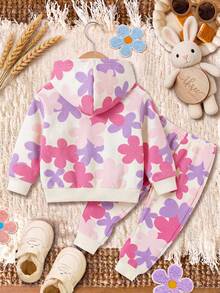 2pcs/Set Baby Girl Floral Print Contrast Color Hooded Sweatshirt & Pants Outfit, Suitable For Autumn, Winter, Spring, Indoor & Outdoor Daily Wear - Multicolor - View 2