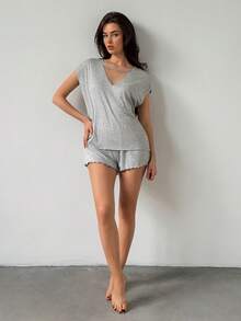 Livesso Women's Solid Color Short Sleeve T-Shirt And Shorts Loungewear Set - Grey - View 7