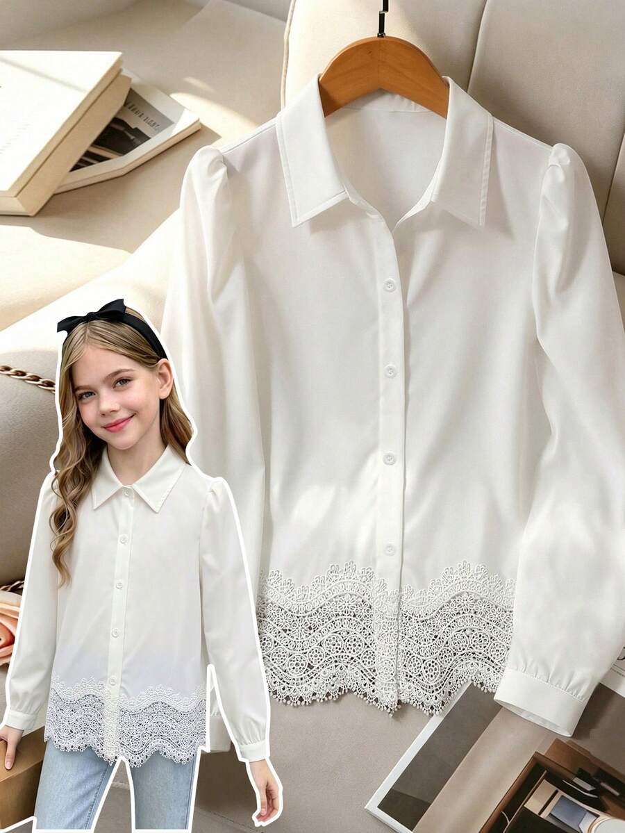 SHEIN 女童白色長袖荷葉邊領襯衫 - 白色 - 查看 1