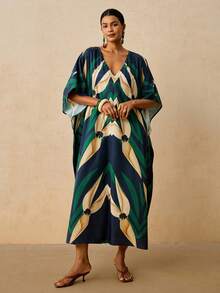 Travachic Plus Size Women's Vacation Style Printed V-Neck Batwing Sleeve Loose Casual Dress Tropical Plant Print Robe - Green - View 4