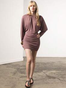 KÆRIA Hus Vestido Mini Drapeado Sian - Mezcla de Modelo, Volumen Suave, Asimétrico - Rosa Quemado - Fiesta, Verano, Vestido Marrón - Burdeos - Ver 4