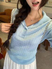 DAZY 女款素色 Polo 領短袖休閒針織上衣，春夏校園風 - 藍色 - 查看 3