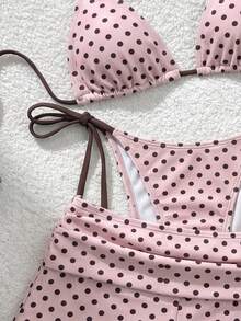 Swim Vcay Spring/Summer Women's New Polka Dot Print Halter Neck Solid Color Drawstring Top With Side Tie Pants And Bikini Bottoms Elegant Vacation Swimwear 3-Piece Set - Multicolor - View 4