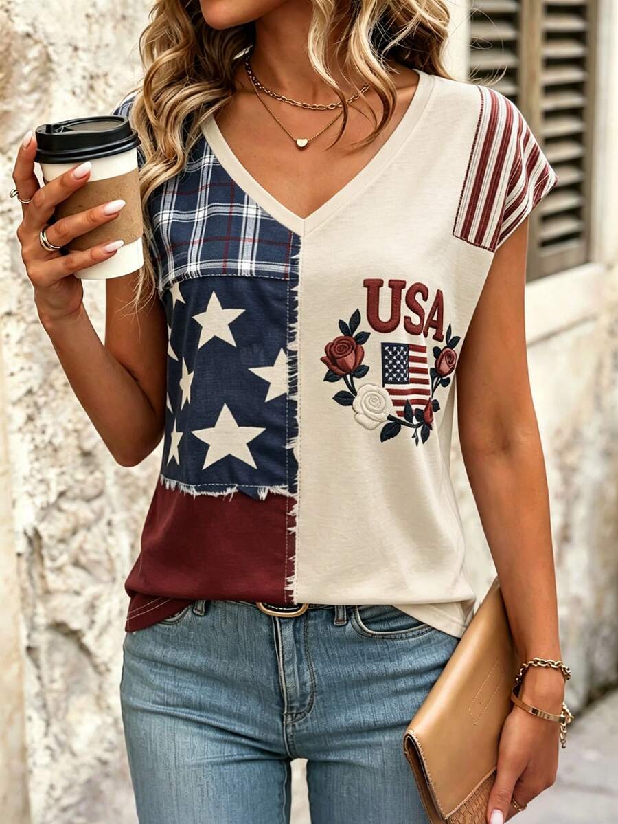 EMERY ROSE Summer Casual Colorblock Patchwork Striped Plaid Star Print T-Shirt - Multicolor - View 1