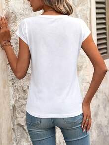 Louniche Women's Fashion Heart Pattern Print V-Neck Casual T-Shirt - White - View 2