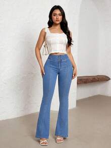 SHEIN MOD Women's Casual Washed Flare Jeans Jeans For Women High Waisted - Blue - View 5